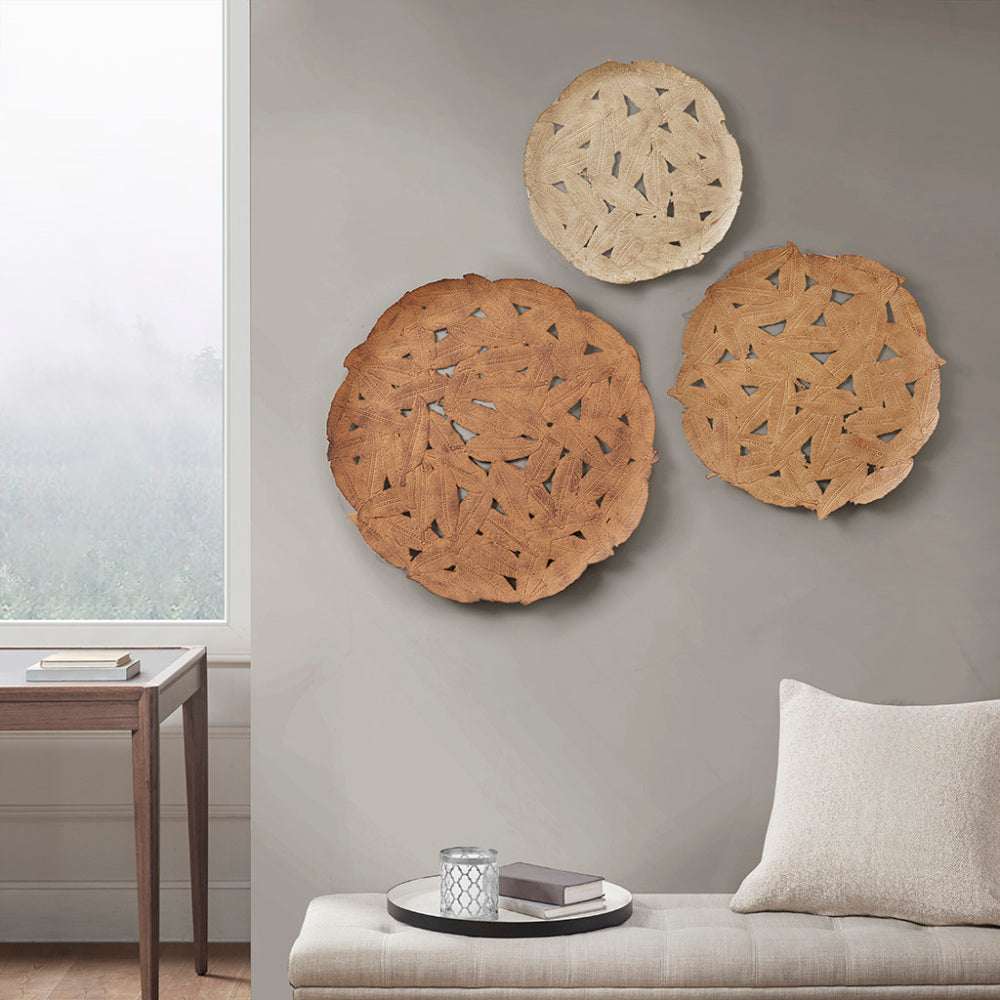 Textured Feather Metal Disc Wall Decor Set