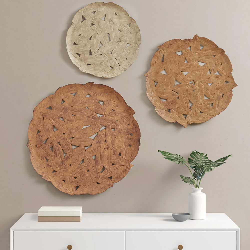 Textured Feather Metal Disc Wall Decor Set