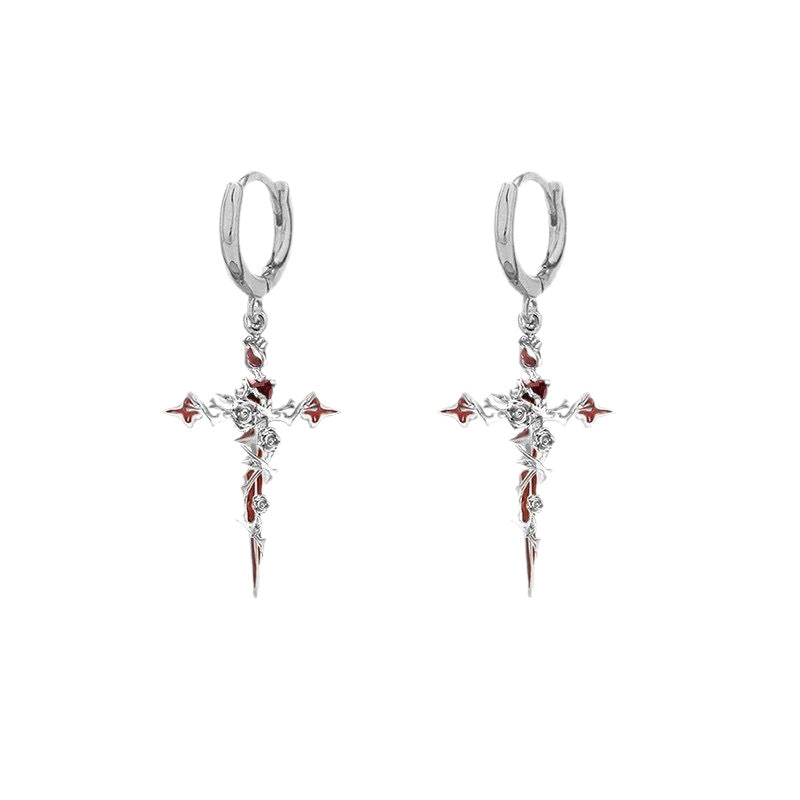 Halloween Cross Thorn Rose Pendant Earrings
